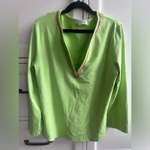 💖 kookai Lime pink deep-v 3/4 sleeve shirt pink details Lilly Pulitzer inspired